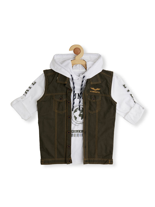 Boys Comfort Fit Sleeveless Casual Shirt With Printed Hooded T shirt