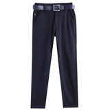 CAVIO Lycra Blend Solid Regular Fit Trousers With Belt - Navy
