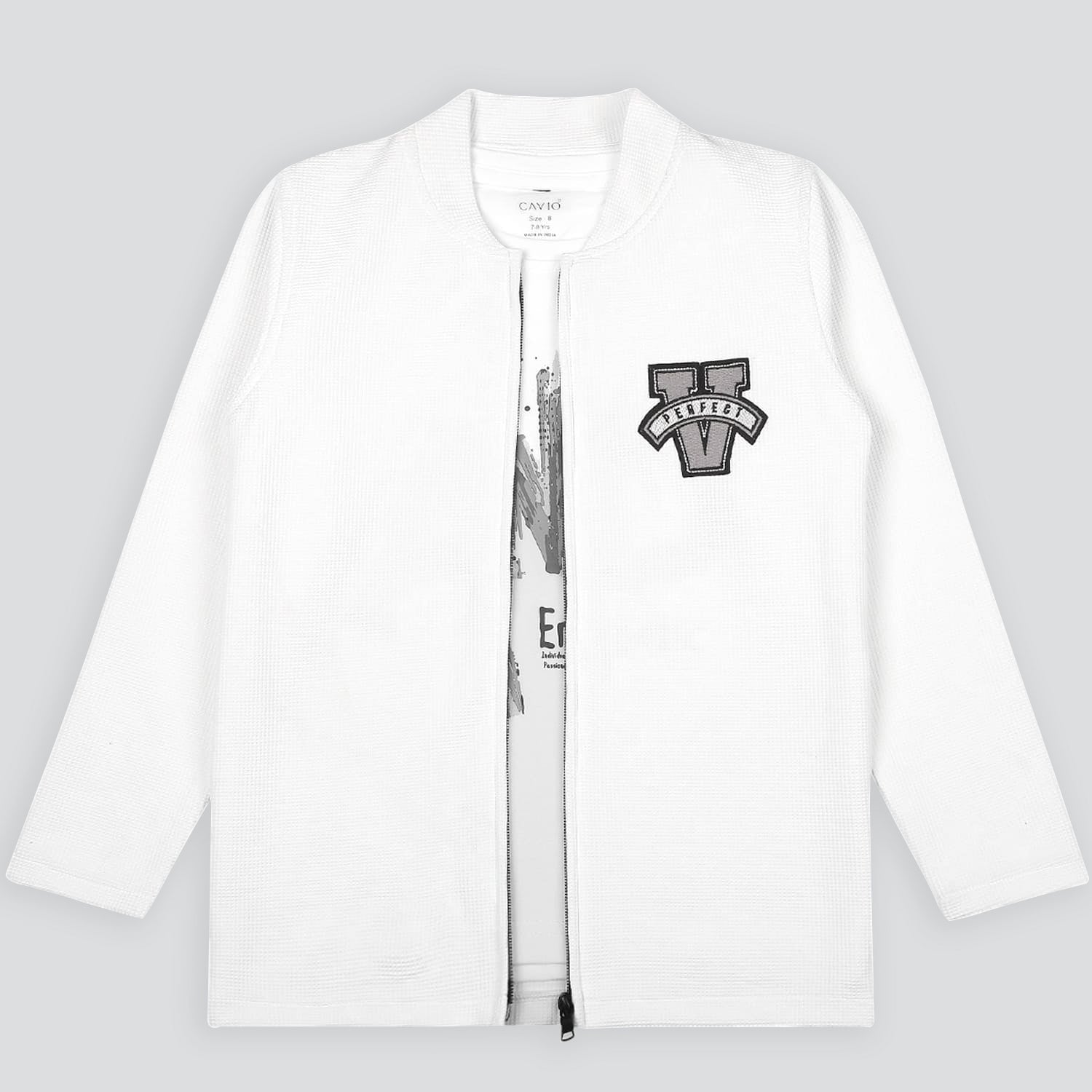 CAVIO Boys Cotton Blend Full Sleeves Zipper Jacket and T-Shirt White