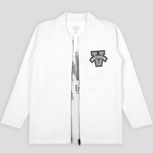 CAVIO Boys Cotton Blend Full Sleeves Zipper Jacket and T-Shirt White