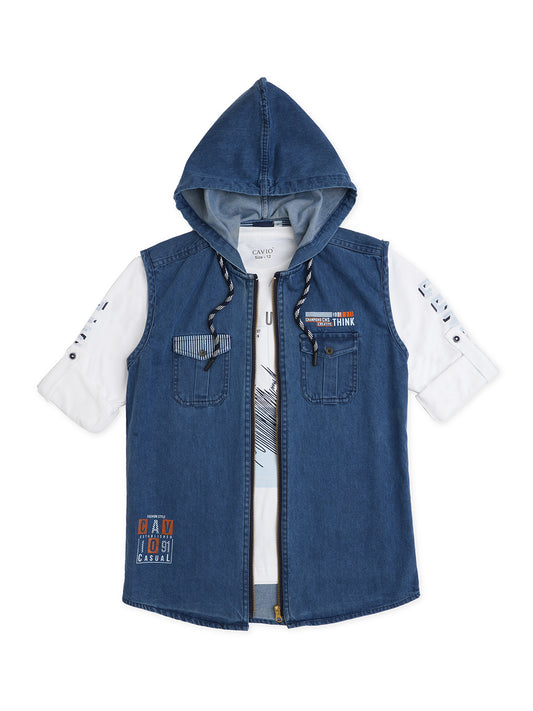 Boys Comfort Hooded Denim Casual Shirt With T Shirt