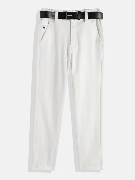 CAVIO Lycra Blend Solid Regular Fit Trousers With Belt - White