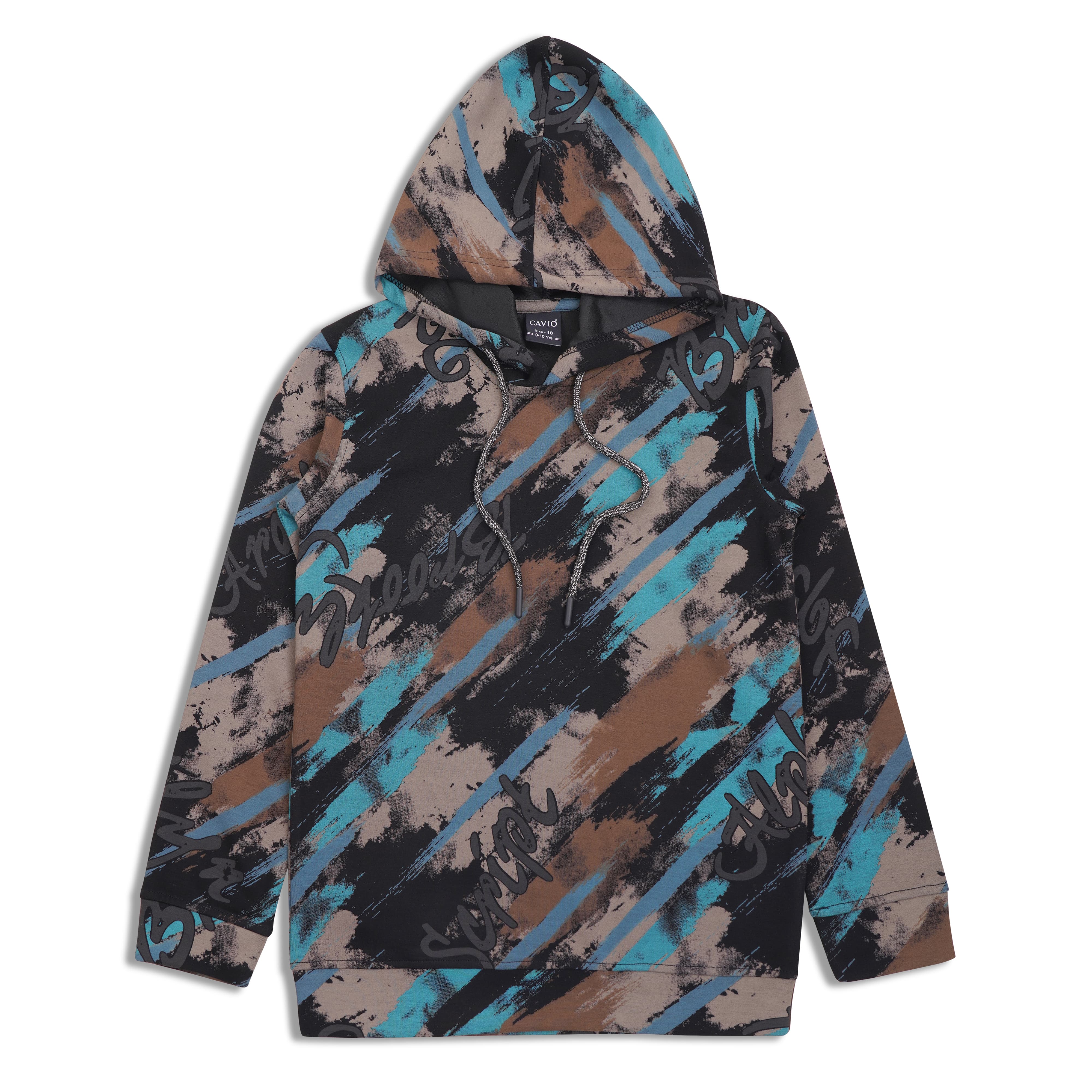 CAVIO Boys Cotton Printed Full Sleeves Hooded Sweatshirt - Brown