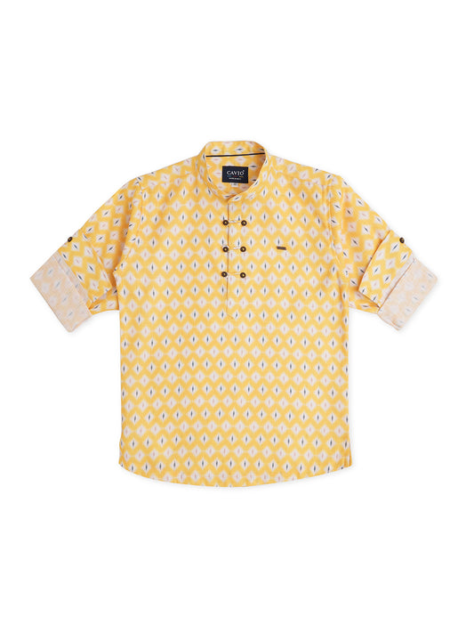 Boys Comfort Geometric Printed Roll Up Sleeves Pure Cotton Casual Shirt