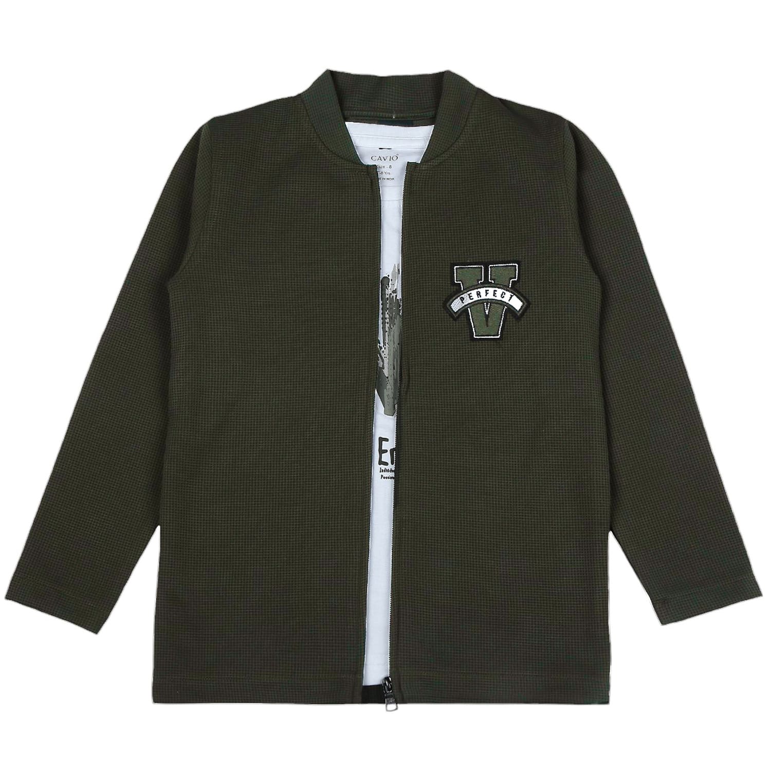 CAVIO Boys Cotton Blend Full Sleeves Zipper Jacket and T-Shirt DarkGreen