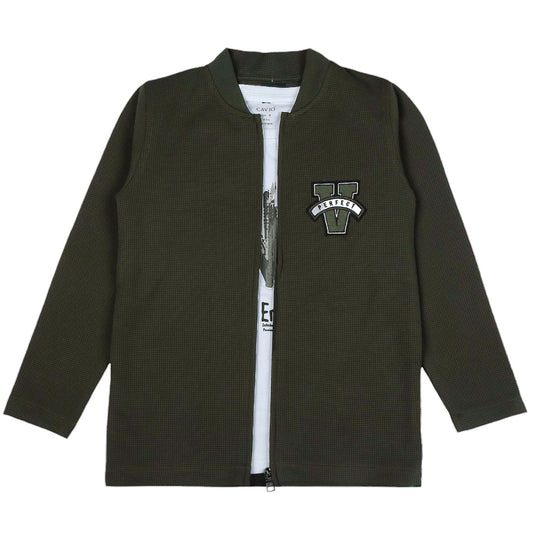 CAVIO Boys Cotton Blend Full Sleeves Zipper Jacket and T-Shirt DarkGreen