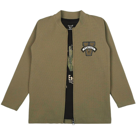 CAVIO Boys Cotton Blend Full Sleeves Zipper Jacket and T-Shirt OliveGreen