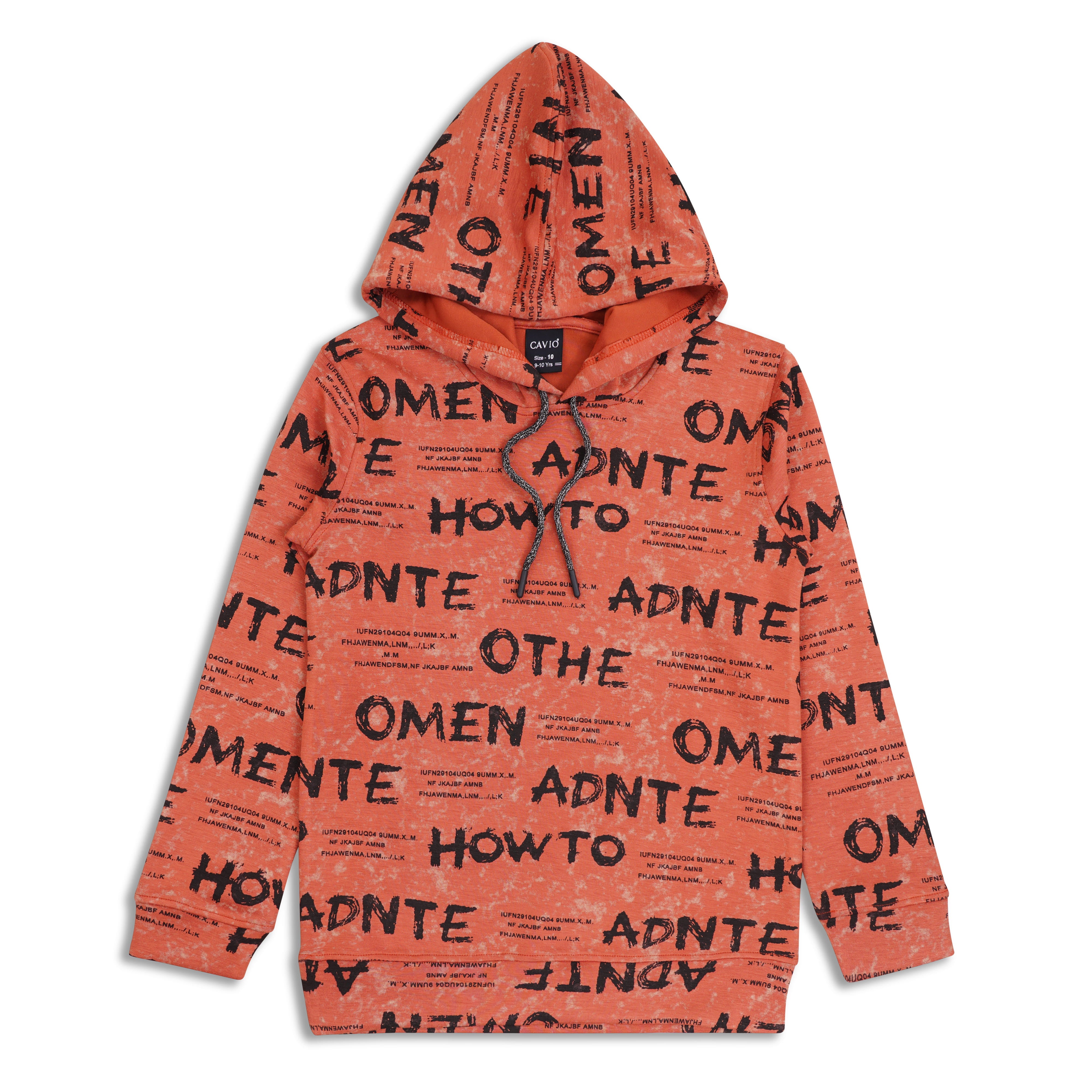 CAVIO Boys Cotton Printed Full Sleeves Hooded Sweatshirt - Rust