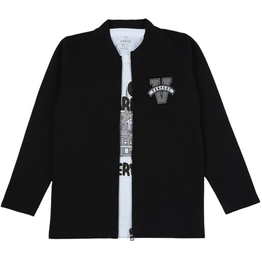 CAVIO Boys Cotton Blend Full Sleeves Zipper Jacket and T-Shirt Black