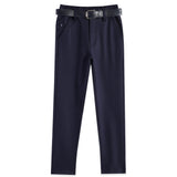 CAVIO Lycra Blend Solid Regular Fit Trousers With Belt - Navy