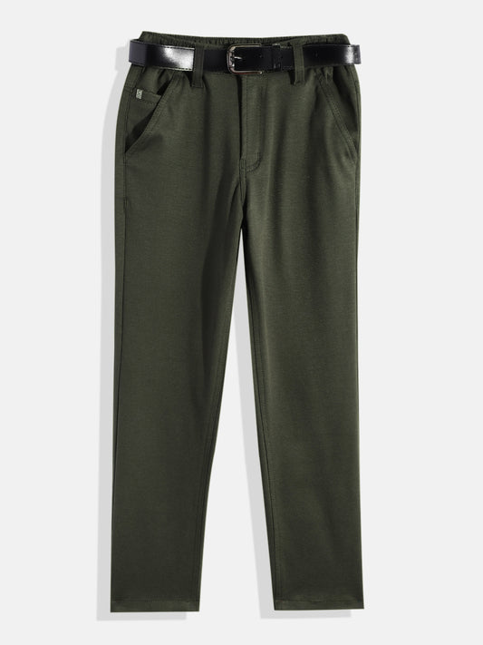 CAVIO Lycra Blend Solid Regular Fit Trousers With Belt - OliveGreen