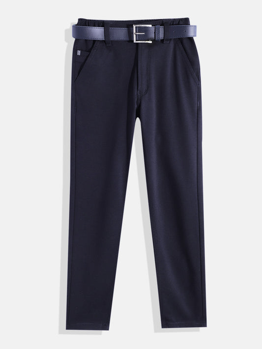 CAVIO Lycra Blend Solid Regular Fit Trousers With Belt - Navy
