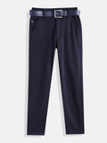 CAVIO Lycra Blend Solid Regular Fit Trousers With Belt - Navy