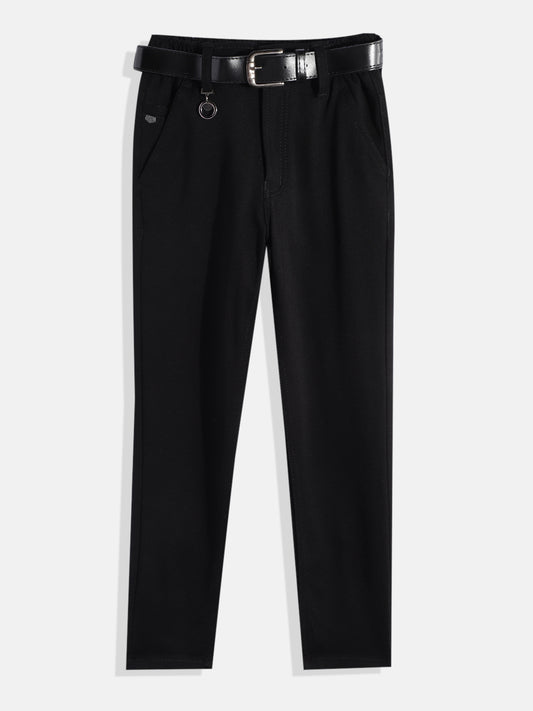 CAVIO Lycra Blend Solid Regular Fit Trousers With Belt - Black