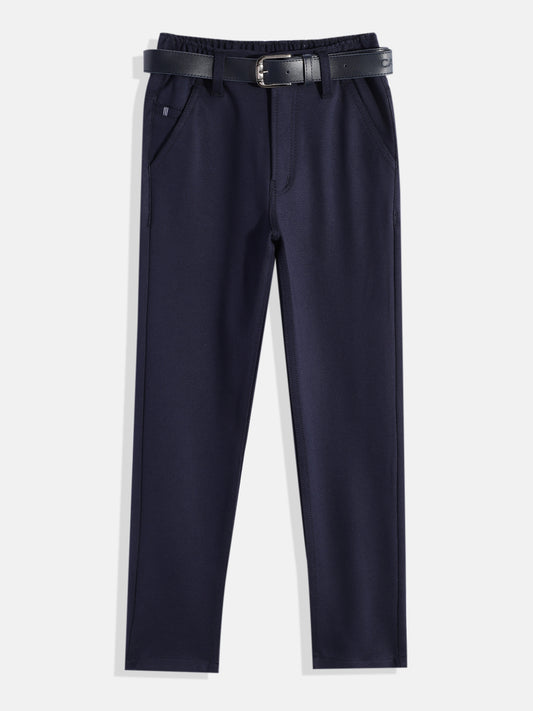 CAVIO Lycra Blend Solid Regular Fit Trousers With Belt - Navy