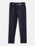 CAVIO Lycra Blend Solid Regular Fit Trousers With Belt - Navy