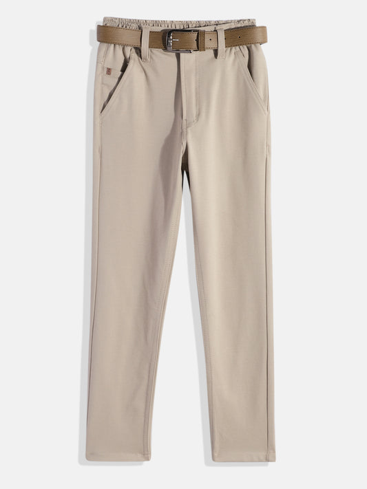 CAVIO Lycra Blend Solid Regular Fit Trousers With Belt - Cream