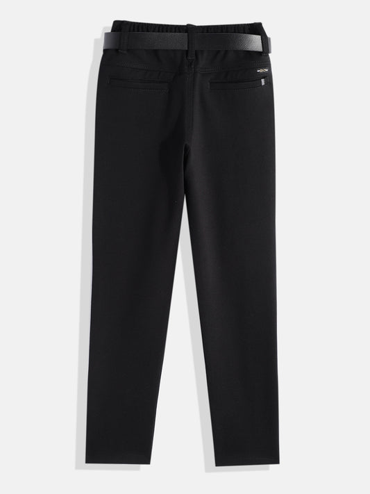 CAVIO Lycra Blend Solid Regular Fit Trousers With Belt - Black