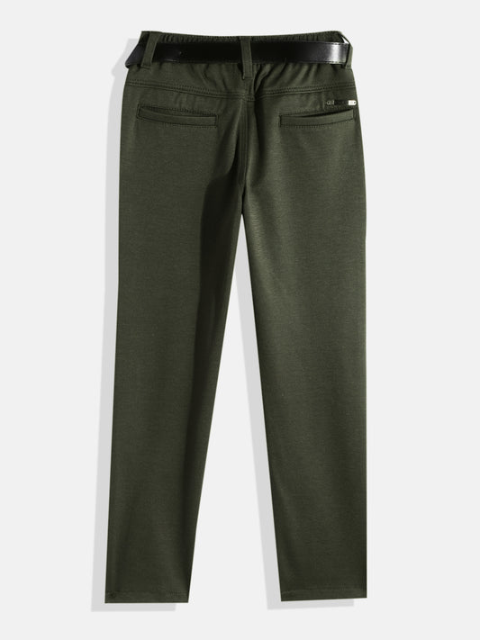 CAVIO Lycra Blend Solid Regular Fit Trousers With Belt - OliveGreen