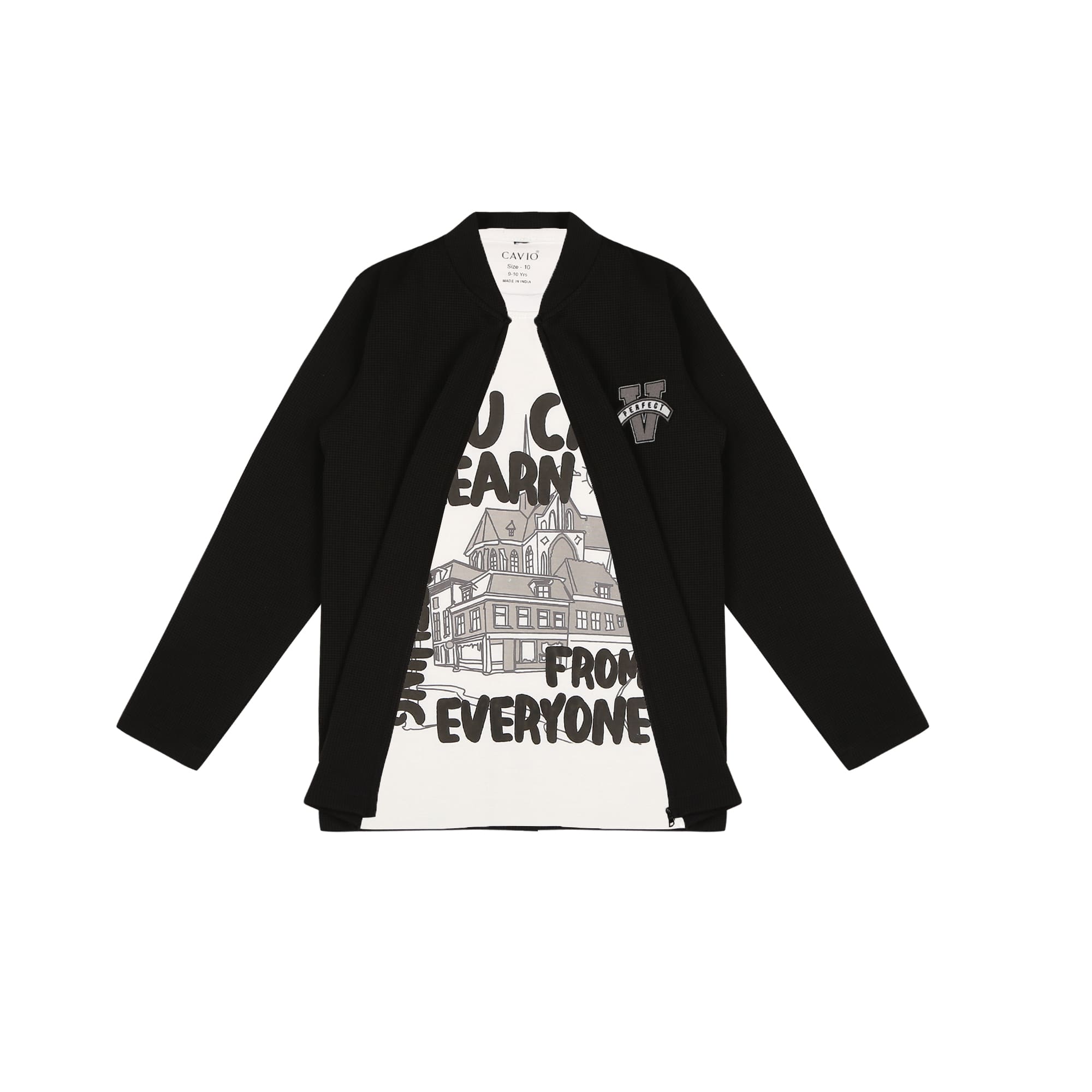 CAVIO Boys Cotton Blend Full Sleeves Zipper Jacket and T-Shirt Black