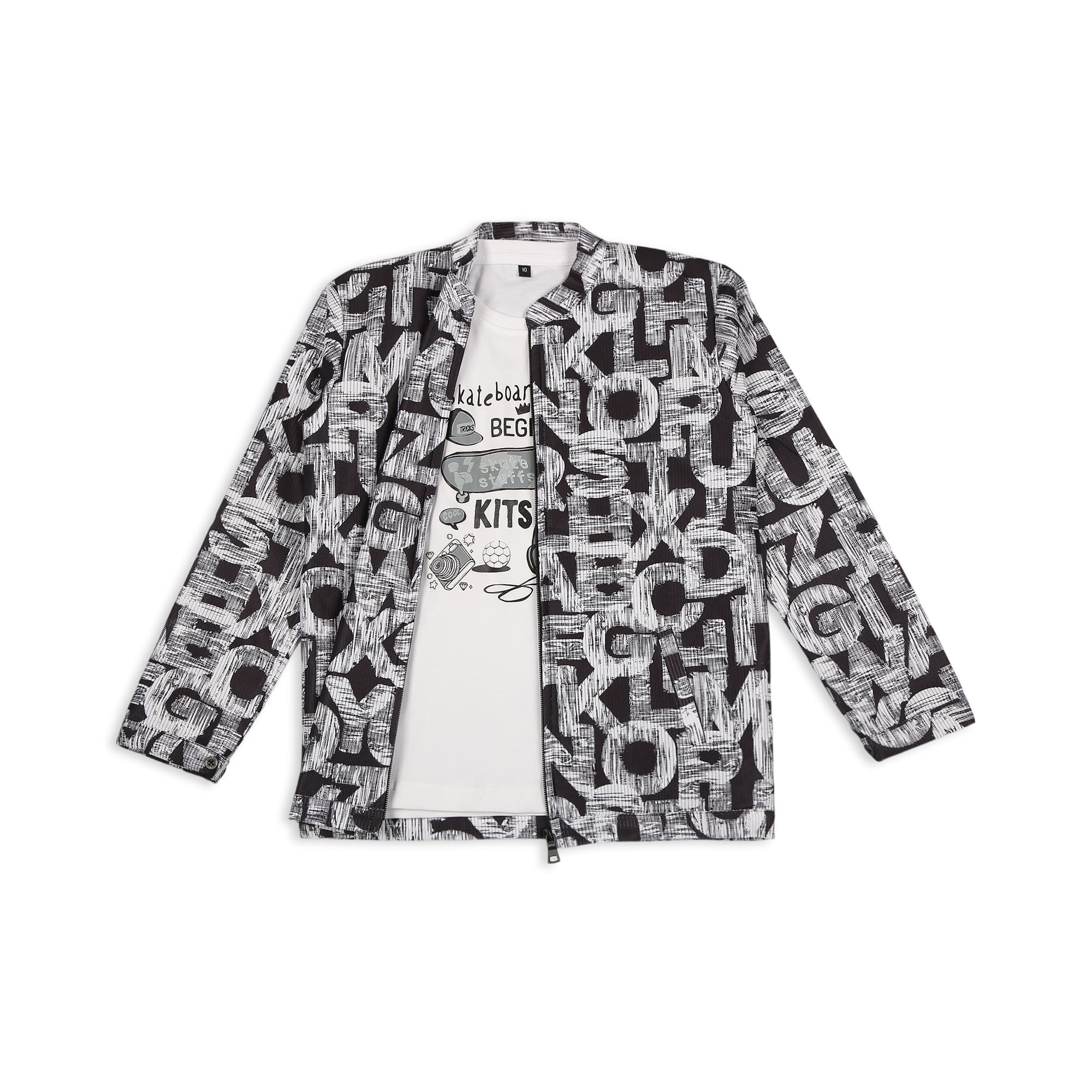 CAVIO Boys Cotton Blend Printed Full Sleeves Zipper Jacket and T-Shirt Black