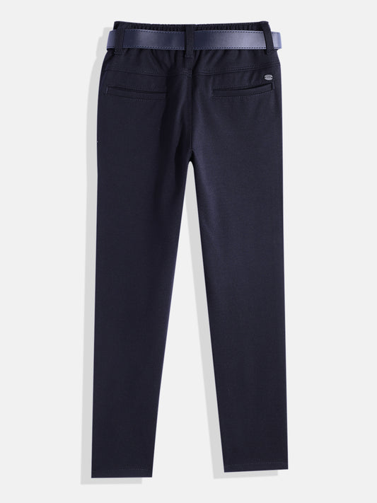 CAVIO Lycra Blend Solid Regular Fit Trousers With Belt - Navy