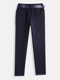 CAVIO Lycra Blend Solid Regular Fit Trousers With Belt - Navy
