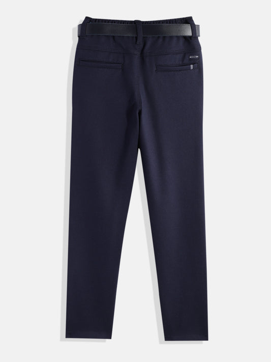 CAVIO Lycra Blend Solid Regular Fit Trousers With Belt - Navy