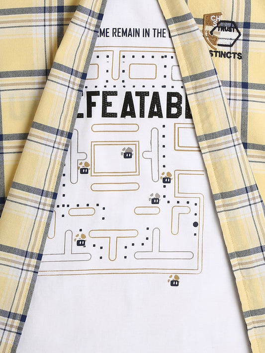 Boys Comfort Fit Checked Casual Shirt With Printed T shirt