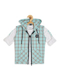 Boys Comfort Fit Checked Sleeveless Hooded Casual Shirt With Printed T shirt