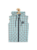 Boys Comfort Fit Checked Sleeveless Hooded Casual Shirt With Printed T shirt