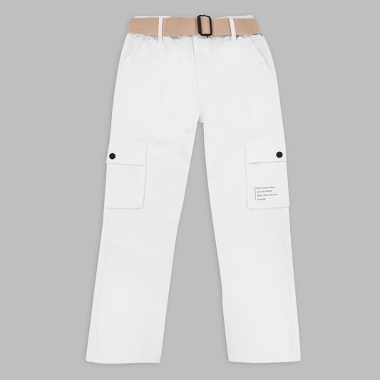 CAVIO Boys Cotton Solid Cargo Trousers White