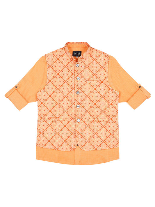 Boys Printed Pure Cotton Mandarin Collar Slim Fit Nehru Jacket With Shirt