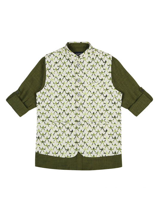 Boys Printed Pure Cotton Mandarin Collar Slim Fit Nehru Jacket With Shirt