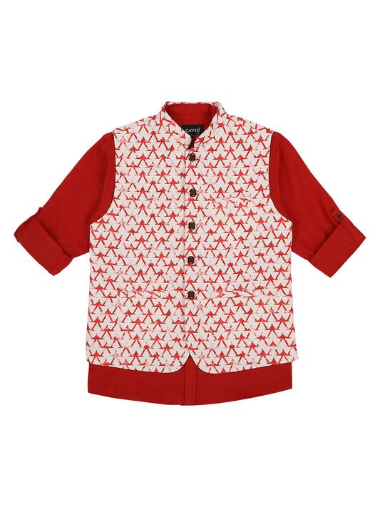 Boys Printed Pure Cotton Mandarin Collar Slim Fit Nehru Jacket With Shirt