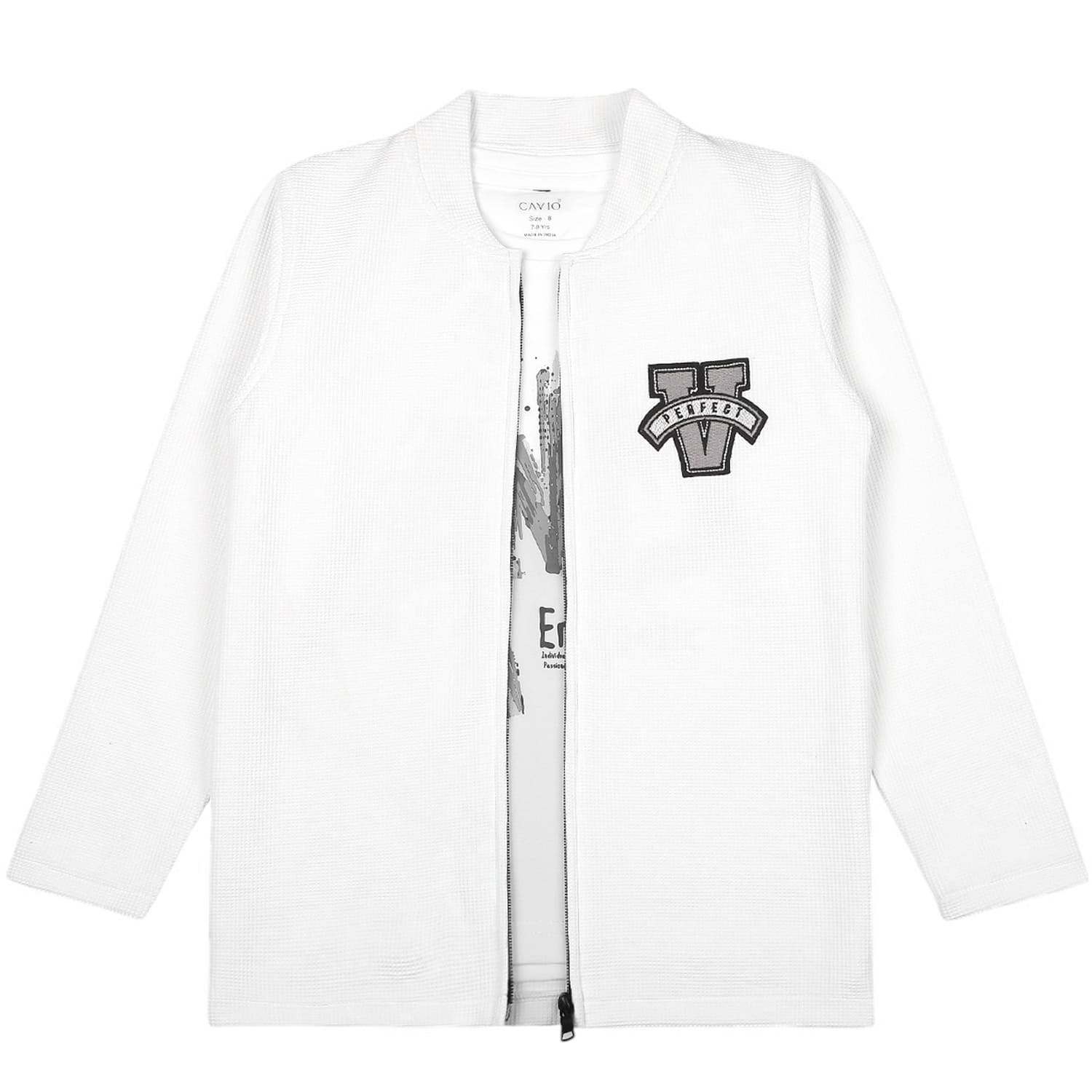 CAVIO Boys Cotton Blend Full Sleeves Zipper Jacket and T-Shirt White