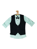 Boys Striped Nehru Jacket With Printed Shirt & Bow CAVIO