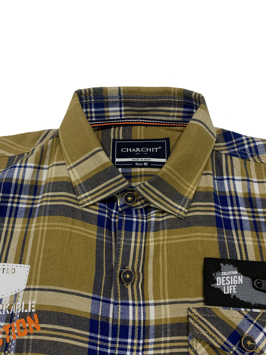 CAVIO Boys Khaki Premium Tartan Checks Checked Casual Shirt