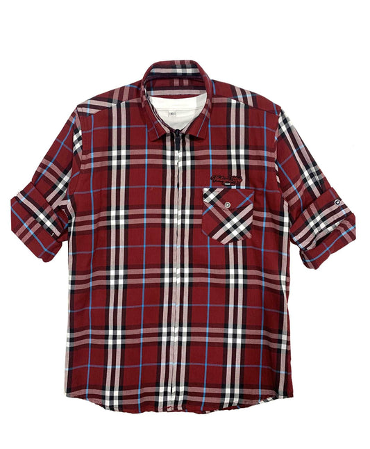 Boys Tartan Checks Cotton Casual Shirt Full Sleeve Maroon - -