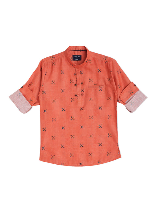 Boys Orange Floral Printed Casual Shirt - -