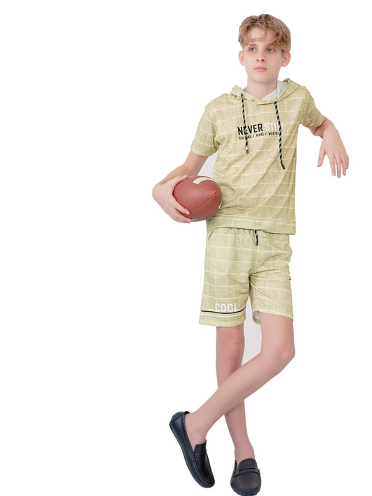 Boys Checked Hooded T shirt with Shorts Green - -