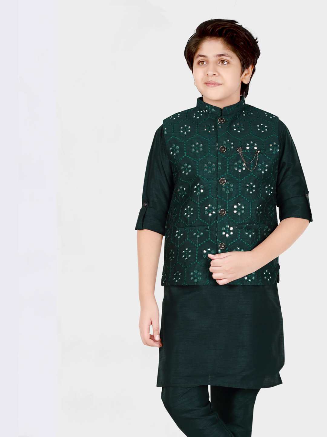 Boys Kurta Pyjama Set With Modi Jacket Green