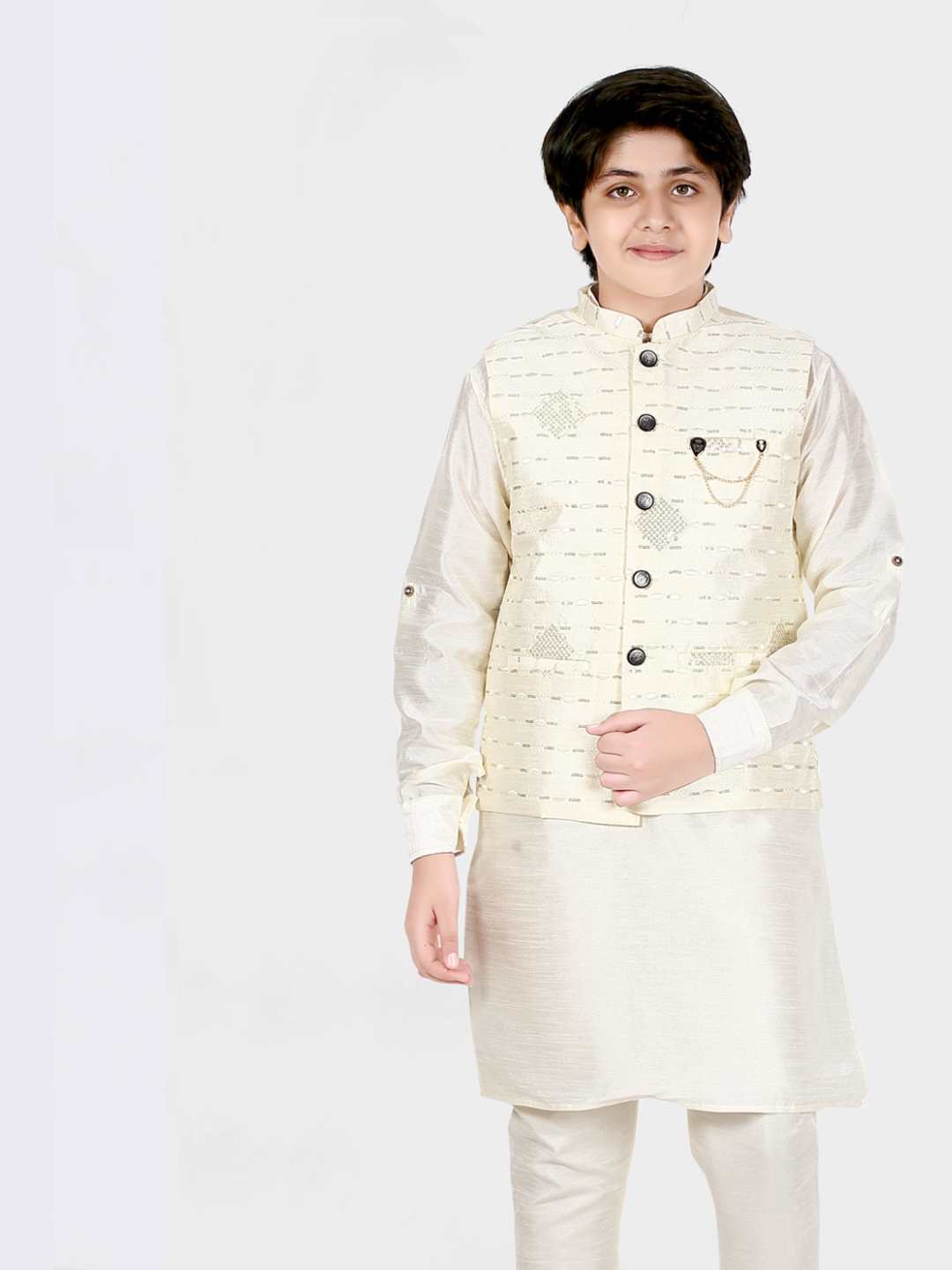 Boys Kurta Pyjama Set With Modi Jacket Cream PUNEET APPARELS PRIVATE LIMITED All Rights Reserved GSTIN 23AABCP3072B1Z2