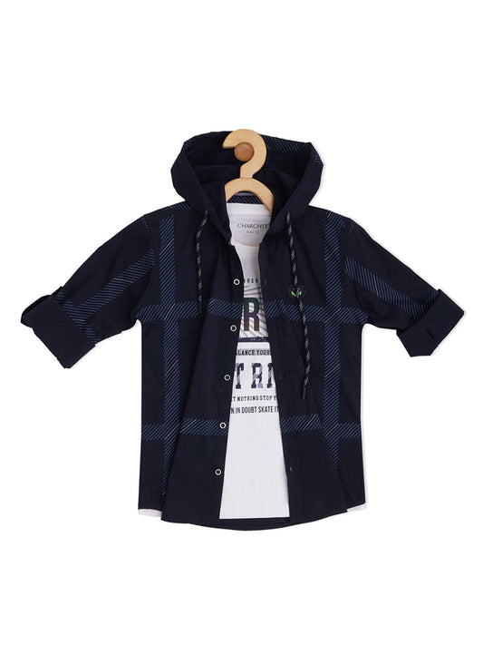 Boys Checked Cotton Hooded Casual Shirt with T-shirt - -