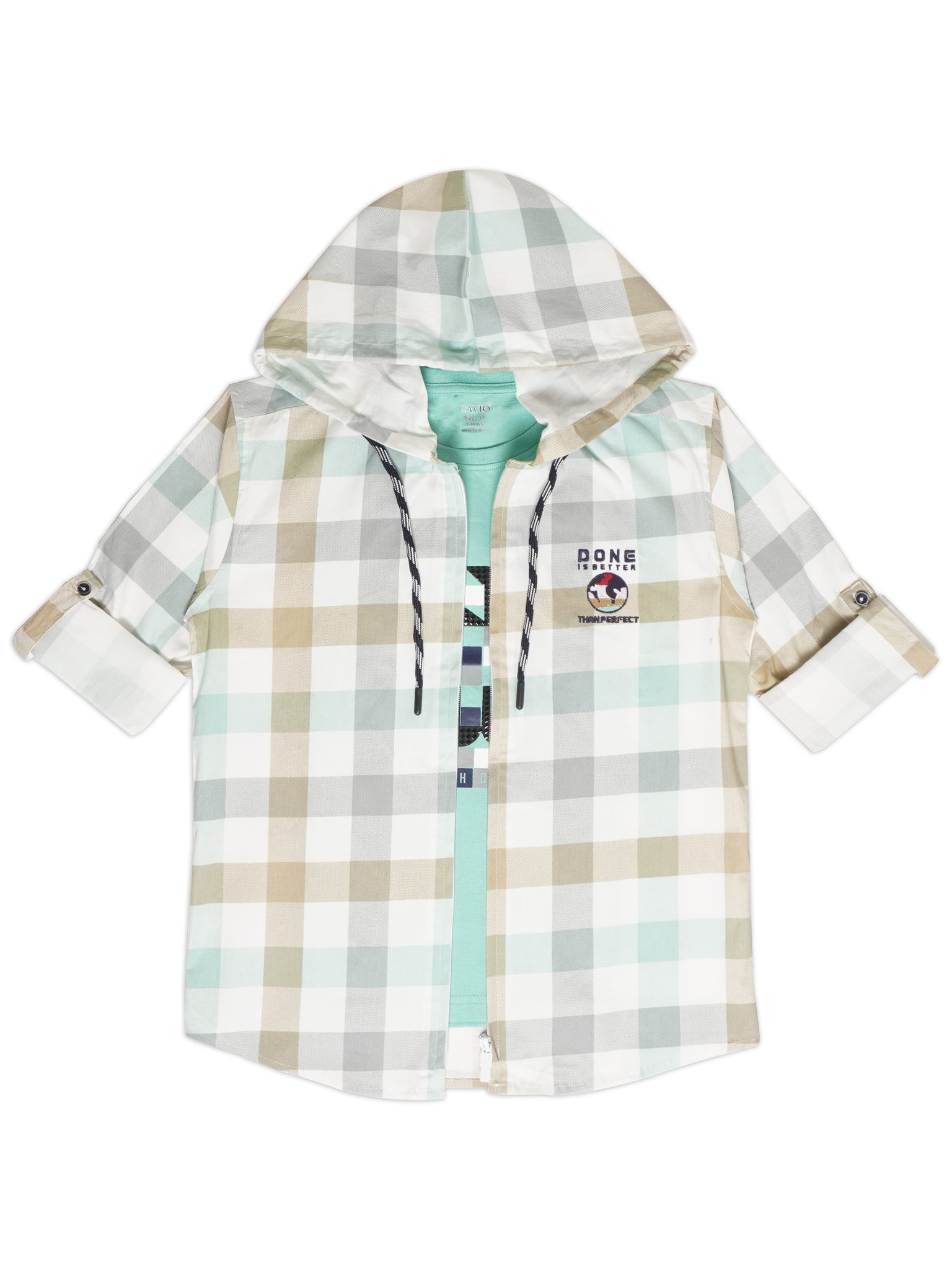 Boys Comfort Gingham Checks Hooded Pure Cotton Casual Shirt With T Shirt