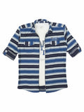 Boys Comfort Horizontal Striped Roll Up Sleeves Pure Cotton Casual Shirt