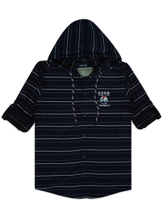 Boys Comfort Fit Horizontal Striped Hooded Pure Cotton Casual Shirt With T Shirt