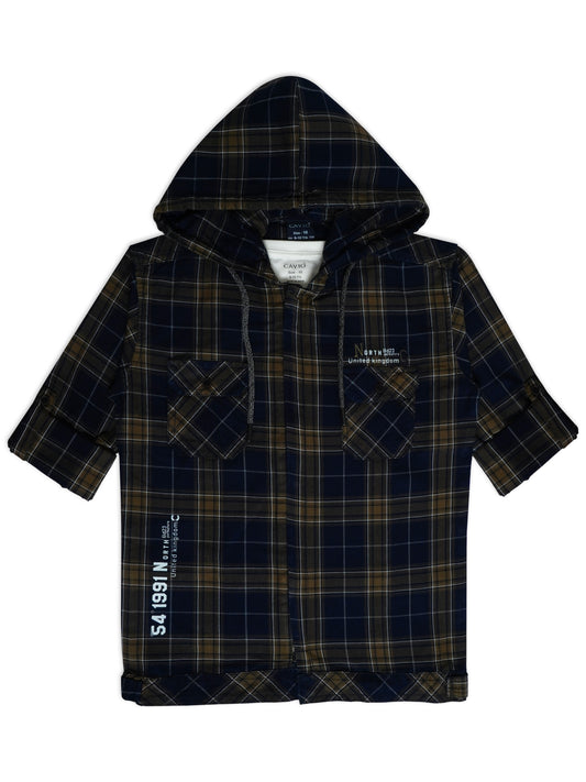 Boys Comfort Fit Tartan Checked Hooded Pure Cotton Casual Shirt With T Shirt