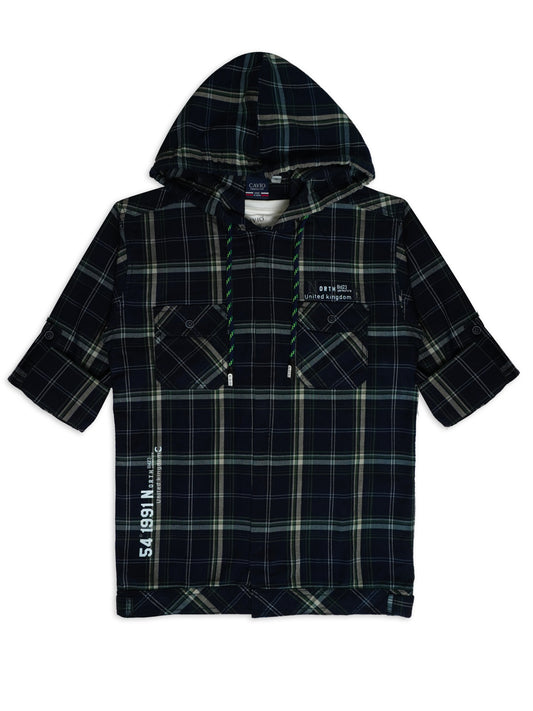 Boys Comfort Fit Tartan Checked Hooded Pure Cotton Casual Shirt With T Shirt