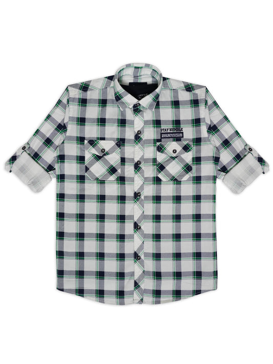 Boys Comfort Fit Buffalo Checked Roll-Up Sleeves Pure Cotton Shirt With T Shirt